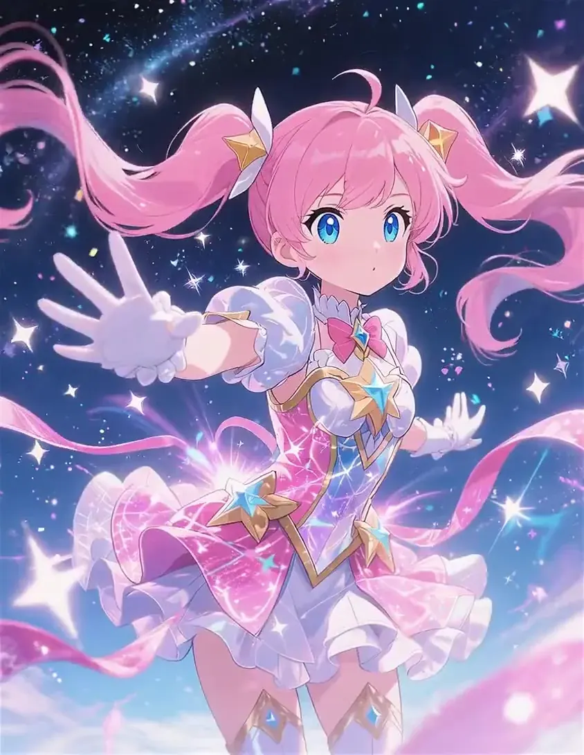 Wan 2.5 square recipe illustration: an anime magical girl with pink twin tails transforming in a starry sky