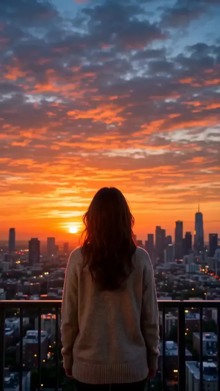 Wan 2.5 vertical recipe illustration: a woman with long dark hair watching the sun set over a city skyline from a balcony