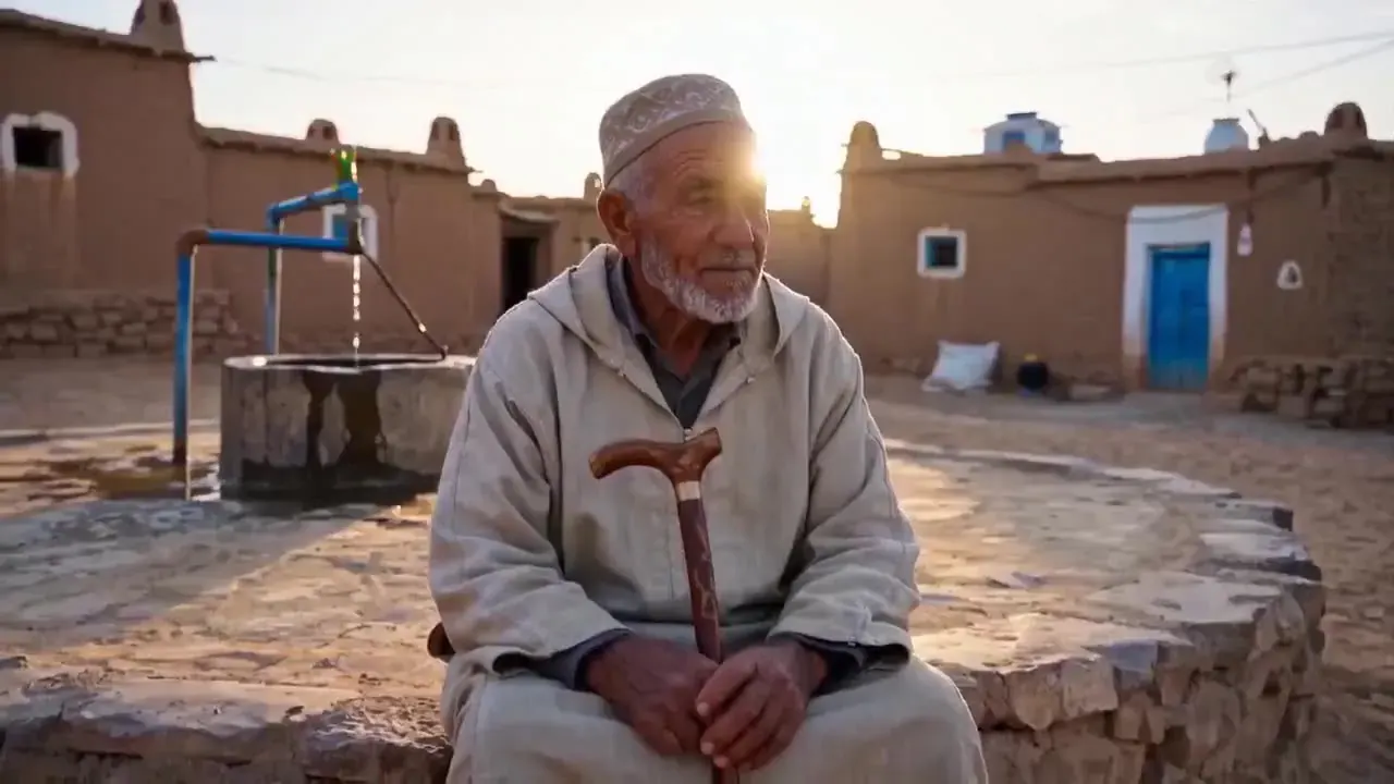Wan 2.5 resolution sample illustration: an elderly man with a cane sitting by a village well among mud-brick houses at sunrise
